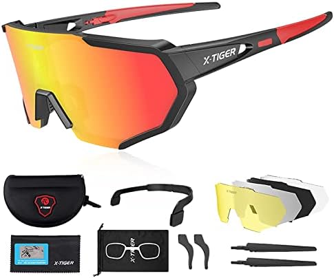 X-TIGER Polarized Sports Sunglasses with 5 Interchangeable Lenses,Mens Womens Cycling Bike Glasses,Baseball Running Fishing Golf Driving Sunglasses