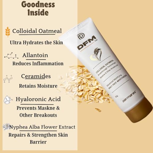 Dermarex DFM Gel - Face & Neck Moisturizer with Colloidal Oatmeal | Oil-Free, Lightweight Gel for Oily & Acne-Prone Skin | Fights Maskne, Mattifies Skin | Daily Use | 50g