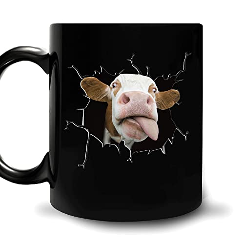 HYTURTLE Lustige Geschenke für Kuhliebhaber, Bauern, Tierliebhaber, Geburtstag, Weihnachten, Erntedankfest, Ernte-Party, Normande Kuh, 325 ml, schwarze Keramik-Kaffeetasse, Teetasse für Frauen,