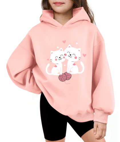 Arshiner Girls Oversized Hoodies Cat Graphic Fleece Pullover Sweatshirts Light Pink Kids Cute Tops Fall Fashion Outfits Winter Clothes Size 6