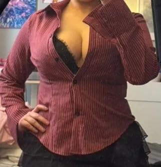 Women Y2K Striped Button Down Shirts Dress Shirts Long Sleeve Gingham Tee Collared Office OL Work Shirt Blouse Top - Image 4