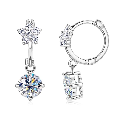 Moissanite 1 CT Solitaire Drop Earrings for Women, Imitation Diamond Dangle Earrings, 18K White Gold Plated D Color Round Cut 925 Sterling Silver Hoop Earrings, GRA Certified
