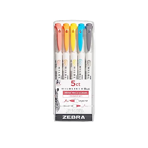 Zebra Pen Mildliner Double-Ended Brush Pen, Brush and Ultra Fine Point Tips, Assorted Friendly Ink Colors, Multicolor, 5-Pack (79505)