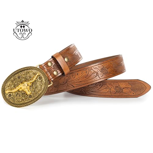 UTOWO Women Vintage Western Belt with oval-Longhorn-Buckle Cowgirl Bull-PU-Leather Waist Cowboy Belt for Jeans 1.5in Wide3