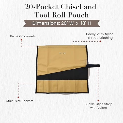 Style n Craft 20-Pocket Chisel and Tool Roll Pouch, Heavy-Duty 600D Polyester Tool Pouch, Khaki and Black (76508)