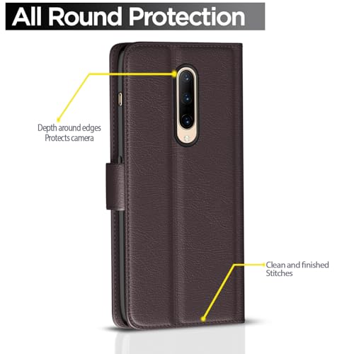 Image of Pikkme Flip Cover Leather Finish | Inside TPU with Card Pockets | Wallet Stand and Shock Proof | Complete Protection Button Flip Case for OnePlus 7 Pro (Coffee)