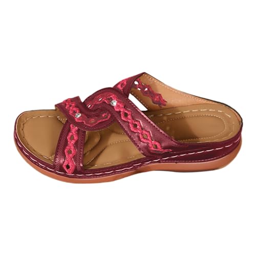 Sandalias de verano para mujer, cómodas sandalias sin cordones, sandalias de cuña con strass, sandalias de cuña con correa cruzada, sandalias huecas para exteriores, ligeras, planas, Vino, 39 EU