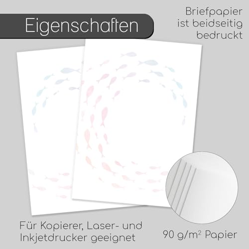 younikat Briefpapier 25 Blatt mit bunten Fischen I DIN A4 I doppelseitiges Motiv I zum bedrucken und beschreiben I für Kommunion Konfirmation Firmung Taufe I Einladungen I dv1202