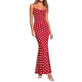Lovraj Vestido de verano para mujer, largo con tirantes delgados, estampado de lunares, corte ajustado, vestido maxi con cola de pez, rojo, XL