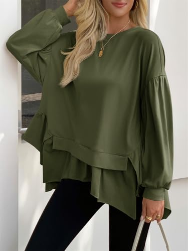 Tankaneo Womens Oversized Tops Peplum Puff Long Sleeve Shirts Trendy Casual Loose Fit Crew Neck Tunic Shirts3