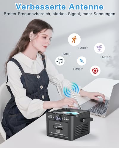 Greadio CD Player Tragbar, Boombox Kassettenspieler mit UKW Radio, Bluetooth 5.1, 5000mAh wiederaufladbare Akku, Fernbedienung, AUX/USB/SD Karte-In, 5W Lautsprecher, LED Bildschirm (Schwarz)