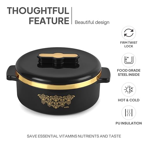Image of CELLO Exotic 1000 Casserole Hot Pot Case for Daily Use 1000 ml, Black | Double Wall PU Insulated Serving Hot & Warm Food Hot Pot Box | Stylish Airtight Kitchen Casserole Set for Roti Rice Biryani