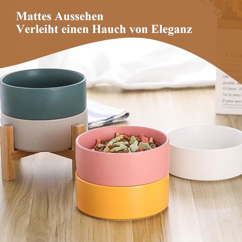 Erhöhter Futternapf aus Keramik für Katzen - Katzennapf mit Napfständer aus Holz und rutschfesten Füßen - Fressnapf aus Keramik für Katzen und Welpen - Für Futter und Wasser - 400 ml - Weiß