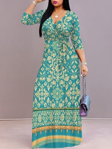 Image of Women's V Neck Floral Maxi Dress 3 /4 Sleeve Plus Size Boho Wrap Flowy Long Dresses with Belt