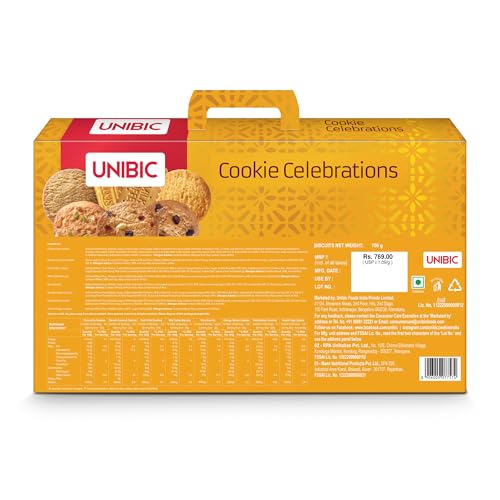 Image of Unibic Celebrations Cookies Gift Pack 700 Grams, Choco Chip, Choco Nut, Scotch Finger, Pista Badam, Honey Oatmeal, Milk Coffee, Nice and Double Chocolate Chip Cookies