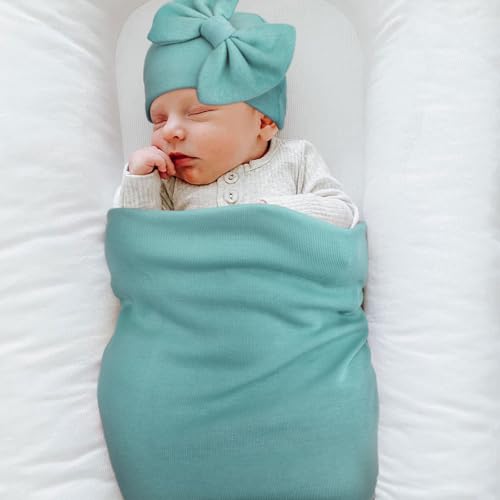 Image of AQOKKA Baby Swaddle Blankets with Bow Hat Mittens Set Infant Receiving Blankets Swaddles for Newborns Unisex Toddler Swaddle Wrap Sets for Baby Girls Boys Nursery Warm Shower Gift