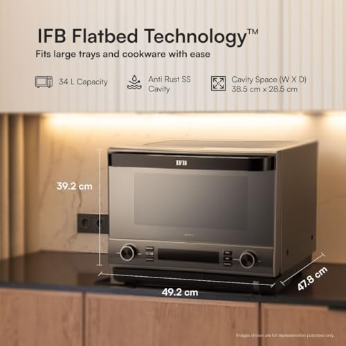 Image of IFB 34L, 1000 W, FlatBed with Inverter Technology, 63 Autocook menus, PowerSteam, 6 Power levels, SelfClean, Steralise mode, LCD Display, Convection & Grill Microwave Oven (34FBBSC2, Metallic Grey)