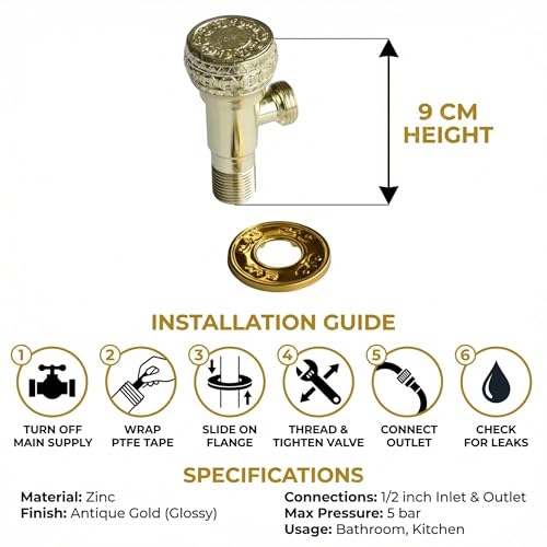 Image of InArt Zinc Angle Cock Valve for Bathroom & Kitchen | Stop Cock with Wall Flange | Antique Finish (Gold) - 5 Year Warranty