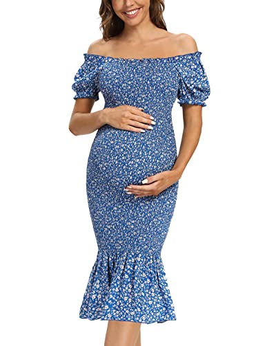 Aonesx Maternity Summer Floral Midi Bodycon Dresses, Short Puff Sleeve Square Neck Ruffle Hem Mermaid Baby Shower Dress Blue S #TOP1