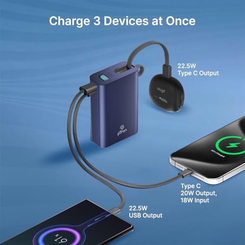 Image of pTron Dynamo Ultima 20000mAh Pocket Size Nano Power Bank, 22.5W Superfast Charging, 20W Type-C /PD Fast Charging, Built-in Type C Cable, Also Supports VOOC /Wrap /Dash /QC3.0 /PPS Charge Protocols (Blue)