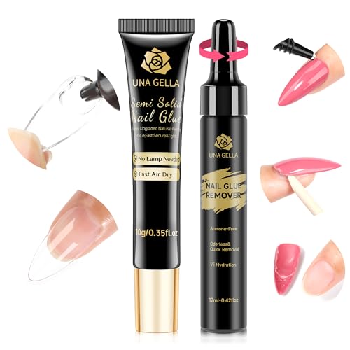 Image of UNA GELLA Semi Solid Nail Glue for Press Ons Lamp-Free 10ml and Soak Off Gel Nail Glue Remover for False Acrylic Nails 12ml, Super Strong G lue Quick Removal Kit