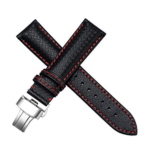 DISMAY 22mm Carbon Fiber Leather Black - Red Stitching Watch Strap Band
