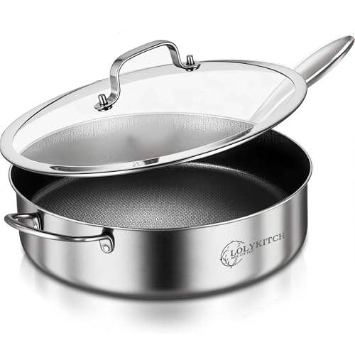 LOLYKITCH 6 QT Hybrid Tri-Ply Stainless Steel Non-Stick Sauté Pan with Lid,12 Inch Deep Frying...