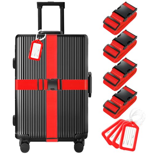 Image of 4 Pack Luggage Straps & Luggage Tags, Luggage Straps for Suitcases [Tsa Approved] [Adjustable Suitcase Belt] Suitcase Straps with Tags Red