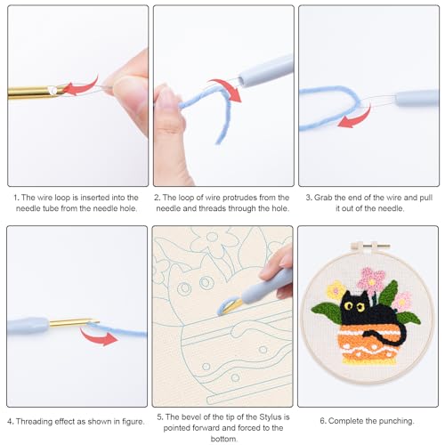 Image of Louise Maelys Cat Plant Pattern Embroidery Kit for Beginners | Pre-Printed Fabric, Hoop, Rug Handle Pen, Yarns. Cross Stitch Kits with Cat Design. DIY Needle Point Kits