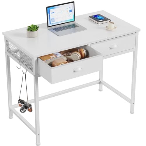 Furologee White Small Computer Desk with 2 Fabric Drawers for Bedroom,34 Inch Simple Home Office...