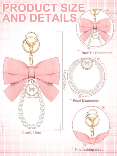 Image of Sureio Pink Bow Keychain Coquette Pearl Bowknot Keyring Bulk Wristlet Keychain Vintage Ribbon Purse Charm for Women Handbags