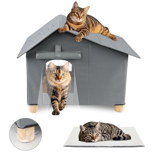 FHTONGE Große Katzenhaus Outdoor Winterfest, Erhöht Isoliert Katzenhütte Outdoor, Doppelte Fluchttür, Faltbar Katzenhäuser mit Abnehmbarem Kissen und Vorhang für Wildkatze FHTONGE Große Katzenhaus Outdoor Winterfest, Erhöht Isoliert Katzenhütte Outdoor, Doppelte Fluchttür, Faltbar Katzenhäuser mit Abnehmbarem Kissen und Vorhang für Wildkatze