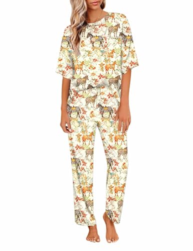 Image of Ekouaer Womens Satin Silky Pajama Set Short Sleeve Shirt with Long Pajama Pant Set Soft PJ Loungewear