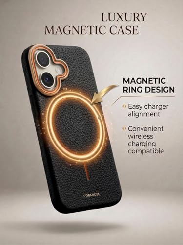 Image of amazon basics Luxury MagSafe Compatible Leather Texture Back Cover for iPhone 16 | Raised Camera Protection | Slim Fit Shockproof Case with Metallic Accents (Black)