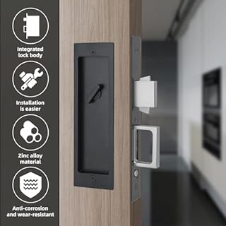 Modern Pocket Door Hardware - Privacy Lock with Finger Flush Pulls for Sliding & Folding Doors (Black, No Key)