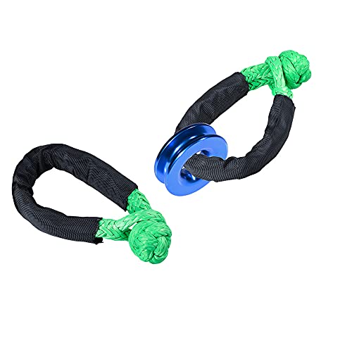 2X Green Synthetic Soft Shackle Rope WLL 38000lbs Protective Sleeve + 1X Blue Snatch Recovery Ring 41000lbs for SUV ATV UTV 3/8
