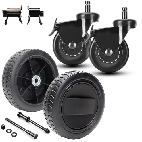 KIT0138 Grill Wheels & HDW302 Swivel Caster for Traeger Grill Replacement Parts Pro Series 34, Pro 780, 2PCS HDW332 7 Smoker Wheels & 2PCS 3'' Caster Parts Replacement Wheel for Traeger Accessories