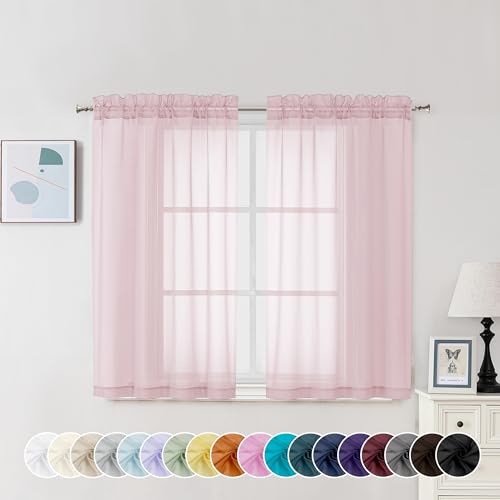 Image of Chyhomenyc Sheer Curtains 45 Inch Long 2 Panels, Short Voile Drapes for Dinning Small Windows Bathroom Living Room Bedroom, Rod Pocket, 42Wx45L Inches, 2PCS, Blush Pink