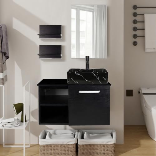 YU YUSING Ensemble de Meubles de Salle de Bain avec Lavabo et Miroir, Armoire de Rangement avec Lavabo, Armoire Miroir, 2 Étagères Murales, Ensemble de...