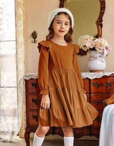 Arshiner Girls Dress Fall Ruffle Sleeve Tiered Flared Flowy Midi Dresses with Pockets4