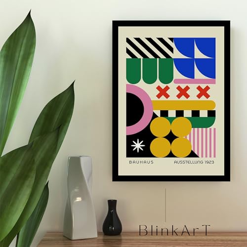Image of BLINKART Vintage Bauhaus Retro Geometric Aesthetic Poster Gallery | Colorful Wrap Framed For Home Office Studio Living Room Modern Art Studio Decoration Abstract Shapes | (d161) | 13x10 Inch