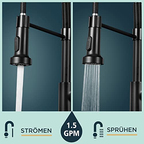 FORIOUS Wasserhahn Küche, Hoher Bogen Hochdruck Küchenarmatur mit Herunterziehen Brause Armatur, Mischbatterie Spültischarmatur Küchenarmaturen, 360° Schwenkbar Zwei Sprühfunktionen, Schwarz