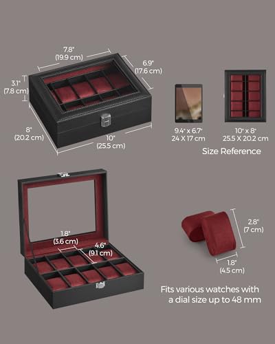 Image of SONGMICS Watch Box, 10-Slot Watch Case Organizer with Large Glass Lid, Removable Pillows, Gift for Loved Ones, Black Synthetic Leather, Wine Red Lining UJWB010R01