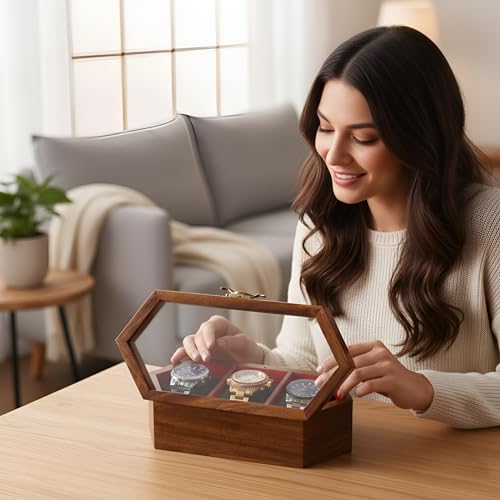 Image of Vintage Wooden Watch Box for Men, Timepiece Storage & Organizer, Display Case, Jewelry Box for Women, Gift for Husband (3 Grooves Hex (Rosewood))