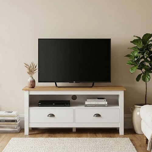 IDIMEX Meuble TV Campo L 110 cm avec 2 Tiroirs et 1 Niche en Bois Massif Couleur Blanc et Brun...