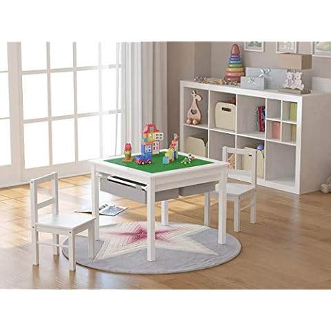 UTEX Wooden 2 in 1 Kids Construction Play Table and 2 Chairs Set with Storage Drawers, and Built in Plate Compatible with Lego and Duplo Bricks (White with Grey Drawers) Cover