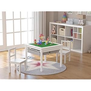 UTEX Wooden 2 in 1 Kids Construction Play Table and 2 Chairs Set with Storage Drawers, and Built in Plate Compatible with Lego and Duplo Bricks (White with Grey Drawers) UTEX Wooden 2 in 1 Kids Construction Play Table and 2 Chairs Set with Storage Drawers and Built in Plate Compatible with Lego and Duplo Bricks White with Grey Drawers
