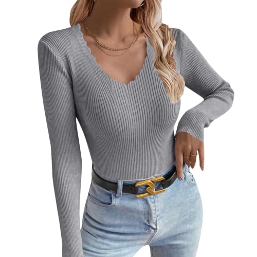MESSIYO Long Sleeve Shirts for Women Scalloped Sweatshirt Grey - image 2