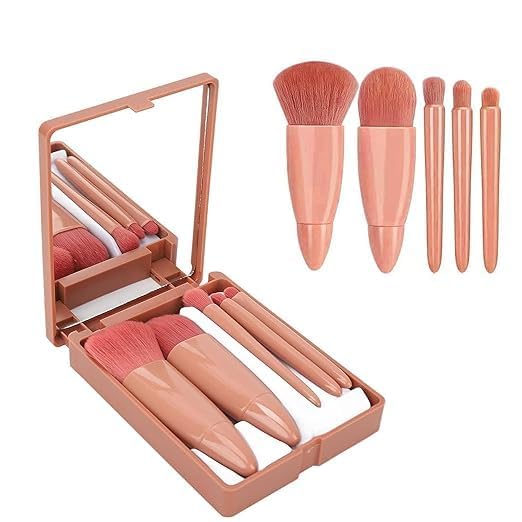 Professional Travel Makeup Brushes Set – 5 PCS with Mirror, Contour & Blending Brushes