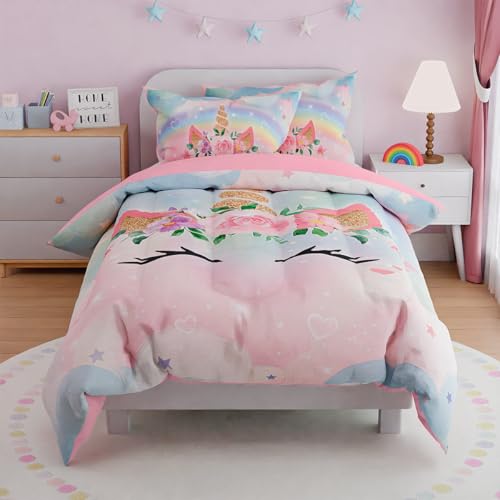 Image of SANDJEST Unicorns Bedding Set for Girls Kids Teen Tween, Ultra Soft Microfiber Comforter Set Twin Size with 3-Pieces, Comforters Bed Sets Bedroom Decor